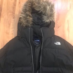 The North Face matte black down fur hooded jacket